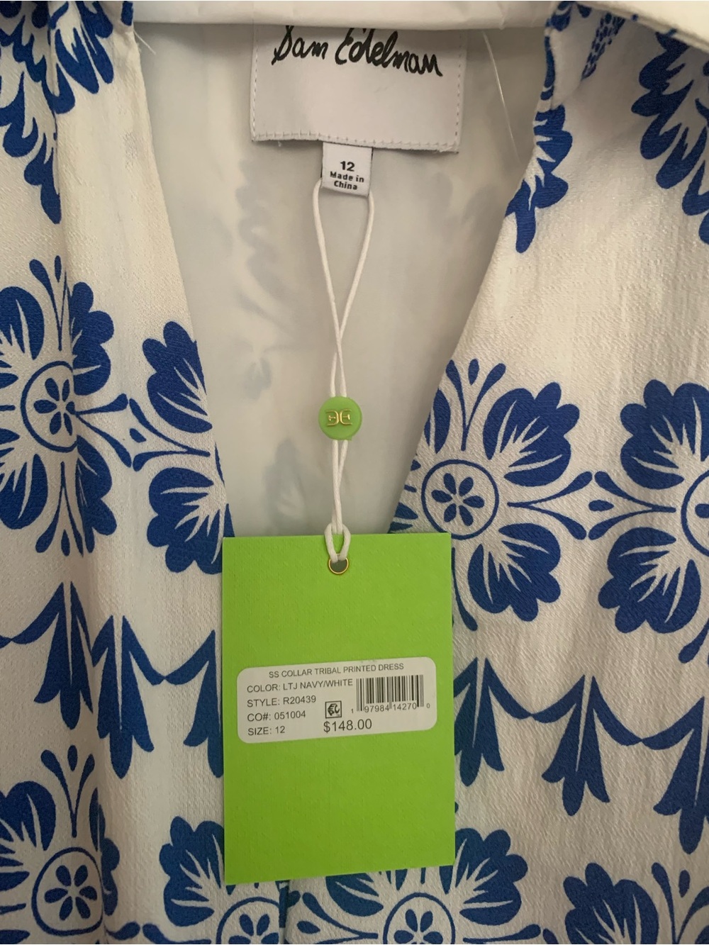NWT Sam Edelman Dress: White, Blue Print, Button Close, V-Neck, Elastic Waist 12 - Picture 4 of 16